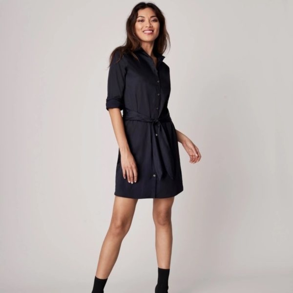 UNTUCKit Angelina Black Button Down Tie Waist Shirtdress Minimalist Career - 10